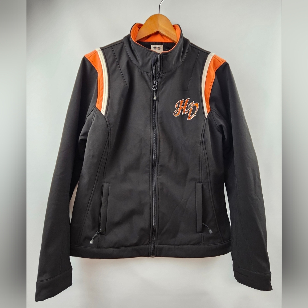 Vintage women large black orange Harley Davidson fleece lined stretch jacket